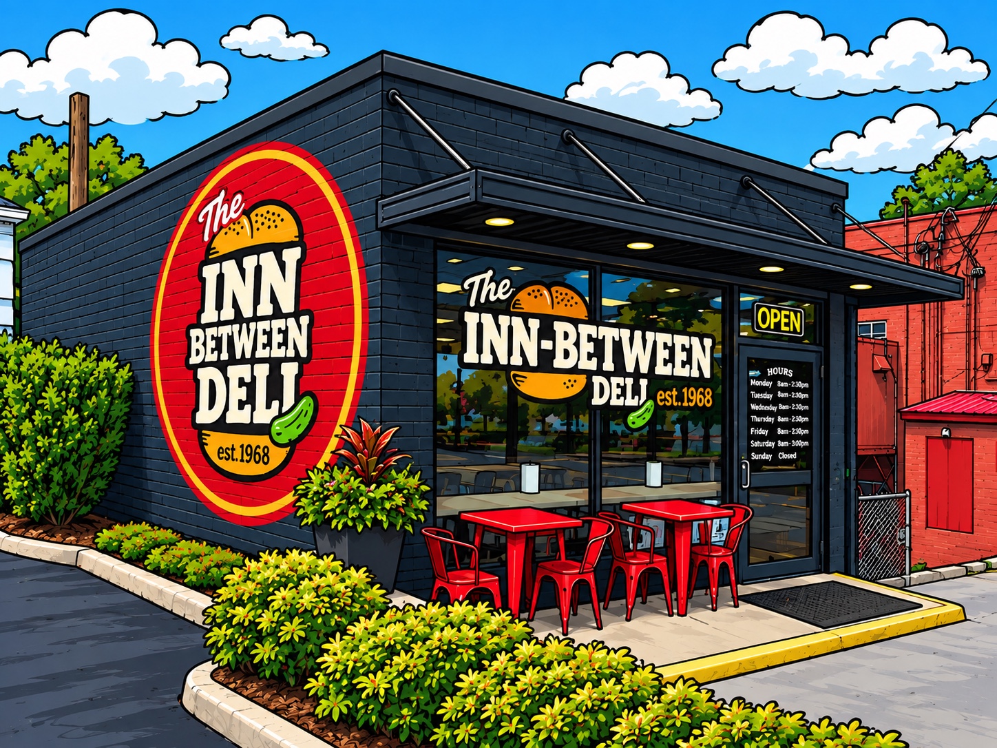 Illustrated storefront with our round logo, red tables, and navy brick