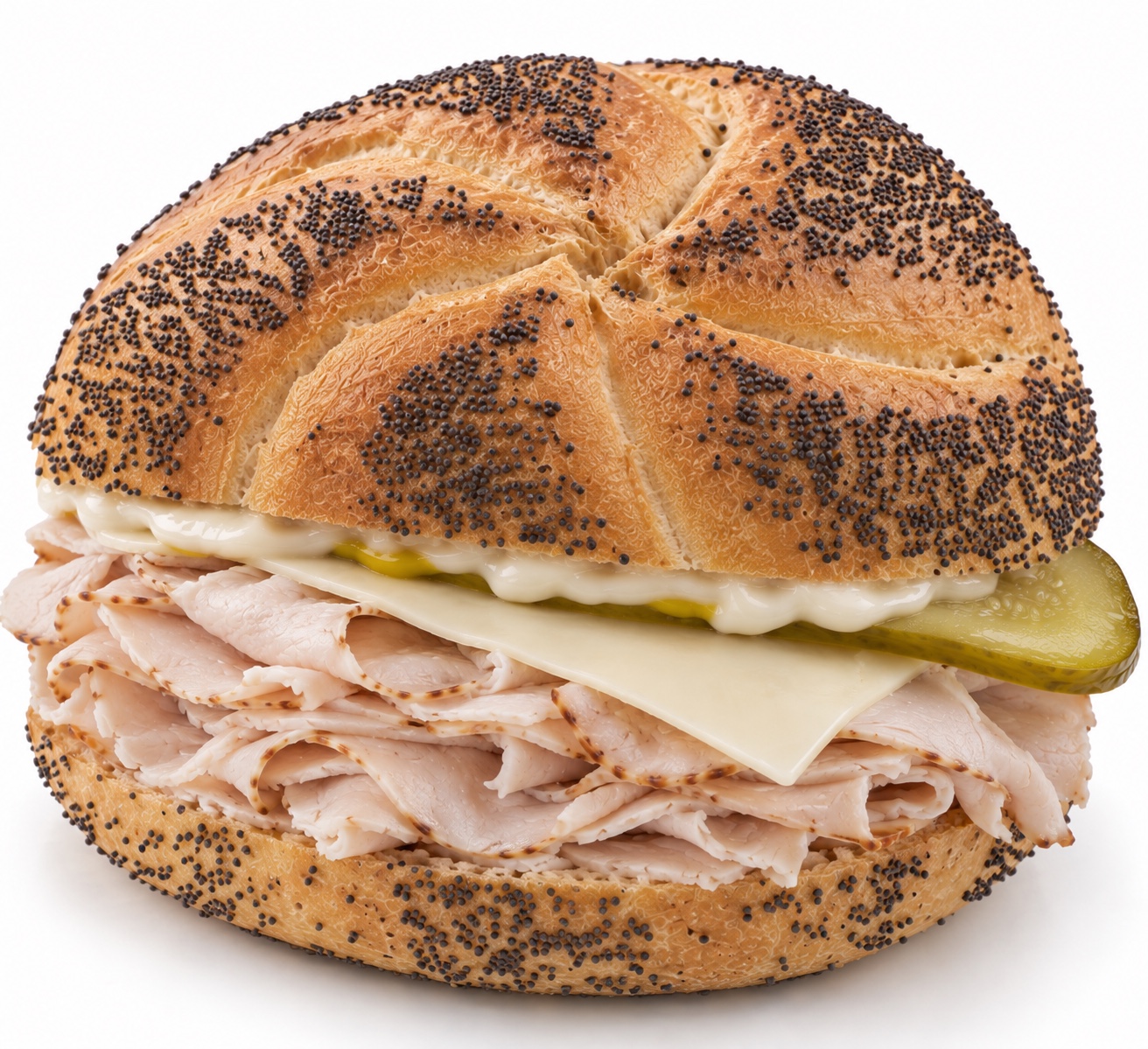Turkey and cheese sandwich on a poppyseed Kaiser roll